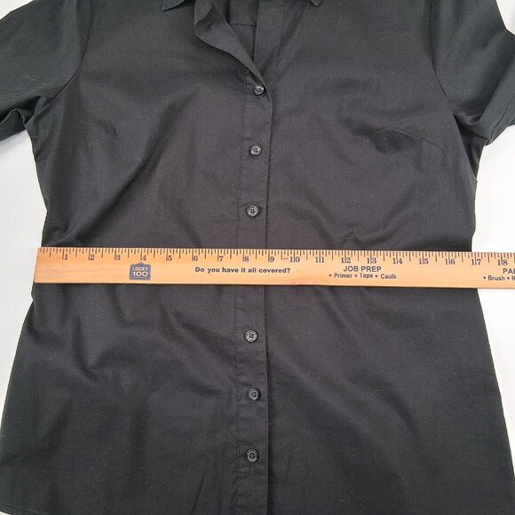 Tahari Black Button Front Shirt French Cuffs Pick Stitch Tailored Stretch SZ M - Picture 9 of 13